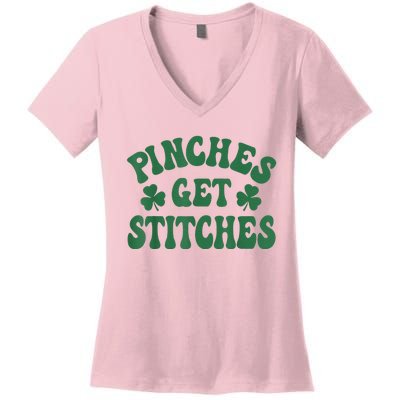 Pinches Get Stitches Shamrock Funny St. Patrick's Day Women's V-Neck T-Shirt