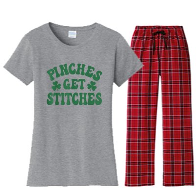 Pinches Get Stitches Shamrock Funny St. Patrick's Day Women's Flannel Pajama Set