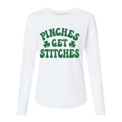 Pinches Get Stitches Shamrock Funny St. Patrick's Day Womens Cotton Relaxed Long Sleeve T-Shirt