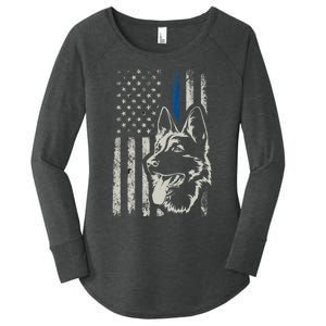 Patriotic German Shepherd K9 Unit Thin Blue Line Police Gift Women's Perfect Tri Tunic Long Sleeve Shirt