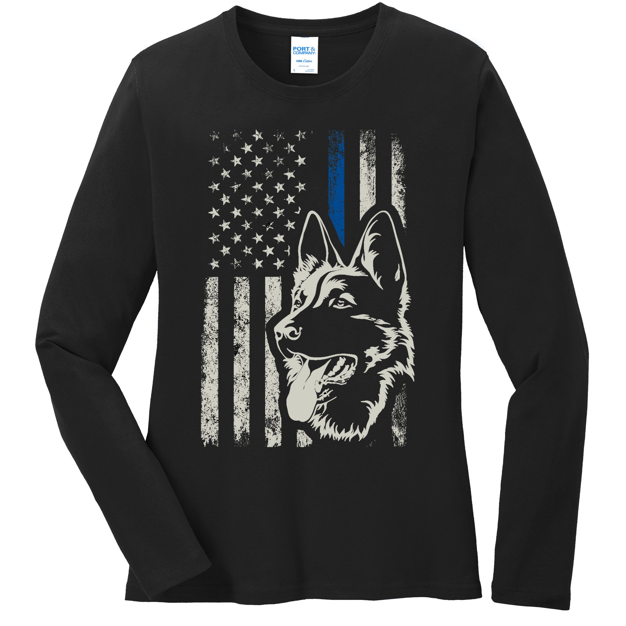 Patriotic German Shepherd K9 Unit Thin Blue Line Police Gift Ladies Long Sleeve Shirt