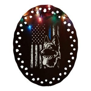 Patriotic German Shepherd K9 Unit Thin Blue Line Police Gift Ceramic Oval Ornament