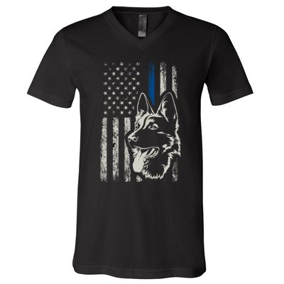 Patriotic German Shepherd K9 Unit Thin Blue Line Police Gift V-Neck T-Shirt