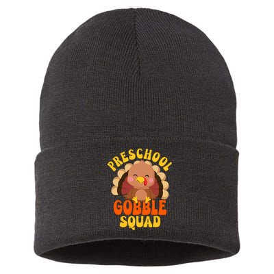 Preschool Gobble Squad Cute Turkey Thanksgiving Teacher Sustainable Knit Beanie