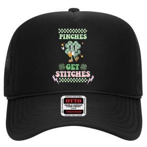 Pinches Get Stitches St Patricks Days Lucky Vibes Clover Irish Drinking Team High Crown Mesh Back Trucker Hat