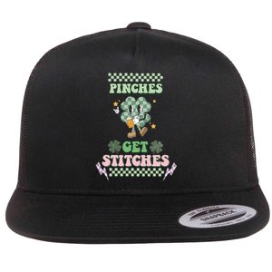 Pinches Get Stitches St Patricks Days Lucky Vibes Clover Irish Drinking Team Flat Bill Trucker Hat