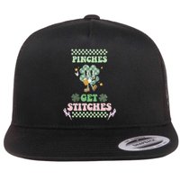 Pinches Get Stitches St Patricks Days Lucky Vibes Clover Irish Drinking Team Flat Bill Trucker Hat