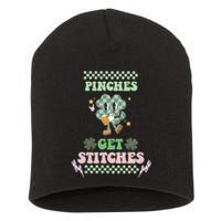 Pinches Get Stitches St Patricks Days Lucky Vibes Clover Irish Drinking Team Short Acrylic Beanie