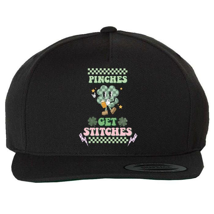 Pinches Get Stitches St Patricks Days Lucky Vibes Clover Irish Drinking Team Wool Snapback Cap