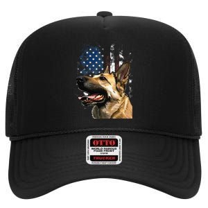 Patriotic German Shepherd American Flag 4th of July High Crown Mesh Back Trucker Hat