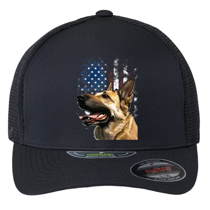 Patriotic German Shepherd American Flag 4th of July Flexfit Unipanel Trucker Cap