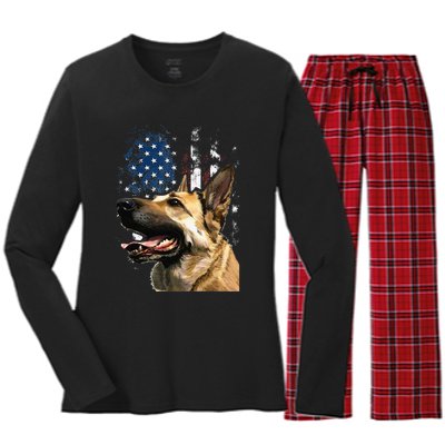 Patriotic German Shepherd American Flag 4th of July Women's Long Sleeve Flannel Pajama Set 