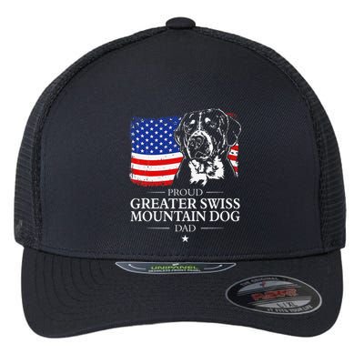 Proud Greater Swiss Mountain Dog Dad American Flag Patriotic Flexfit Unipanel Trucker Cap