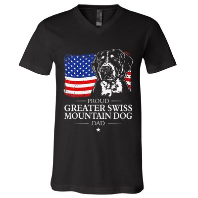 Proud Greater Swiss Mountain Dog Dad American Flag Patriotic V-Neck T-Shirt