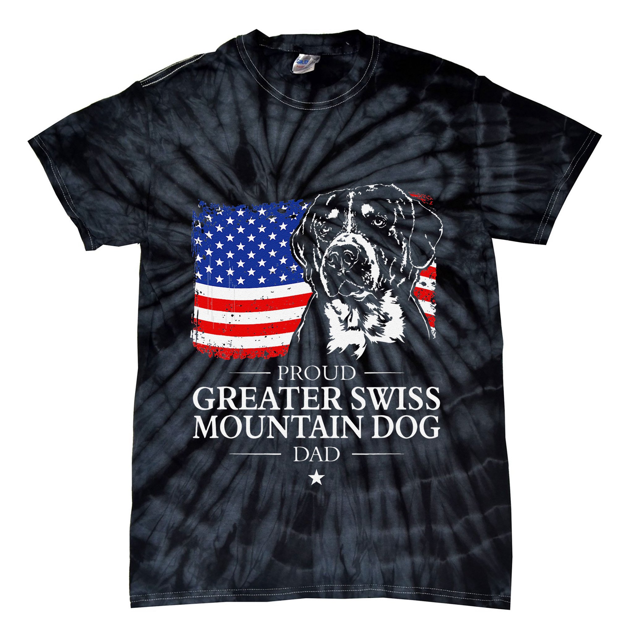 Proud Greater Swiss Mountain Dog Dad American Flag Patriotic Tie-Dye T-Shirt