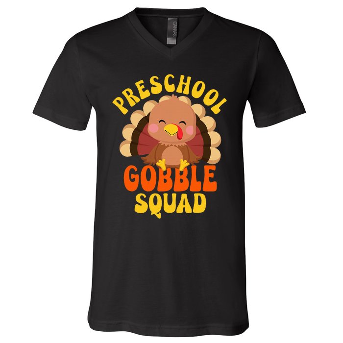 Preschool Gobble Squad Turkey Happy Thanksgiving V-Neck T-Shirt