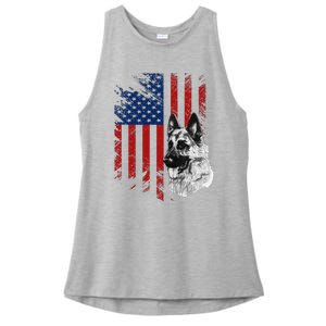 Patriotic German Shepherd USA American Flag Dog Pet Ladies PosiCharge Tri-Blend Wicking Tank