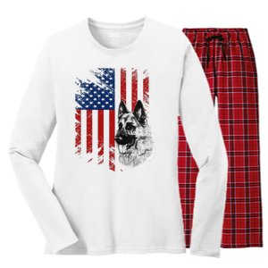 Patriotic German Shepherd USA American Flag Dog Pet Women's Long Sleeve Flannel Pajama Set 