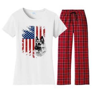 Patriotic German Shepherd USA American Flag Dog Pet Women's Flannel Pajama Set