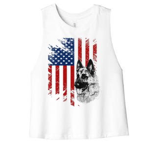 Patriotic German Shepherd USA American Flag Dog Pet Women's Racerback Cropped Tank