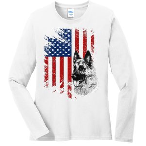 Patriotic German Shepherd USA American Flag Dog Pet Ladies Long Sleeve Shirt