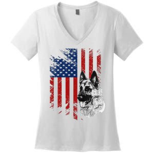 Patriotic German Shepherd USA American Flag Dog Pet Women's V-Neck T-Shirt