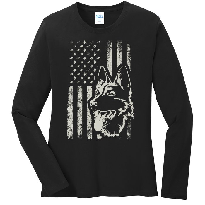 Patriotic German Shepherd AMERICAN FLAG 4th Of July Shepherd Ladies Long Sleeve Shirt