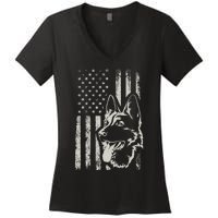 Patriotic German Shepherd AMERICAN FLAG 4th Of July Shepherd Women's V-Neck T-Shirt