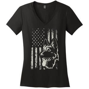 Patriotic German Shepherd AMERICAN FLAG 4th Of July Shepherd Women's V-Neck T-Shirt