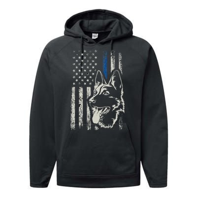 Patriotic German Shepherd K9 Unit Thin Blue Line Police Gift Performance Fleece Hoodie