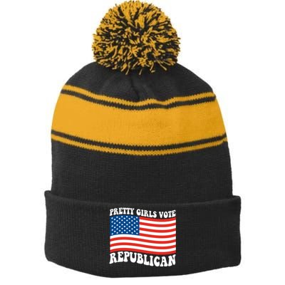 Pretty Girls Vote Republican Usa Flag Stripe Pom Pom Beanie