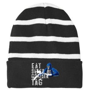 Playful Gorilla VR Gamer Funny Eat Sleep Gaming Striped Beanie with Solid Band