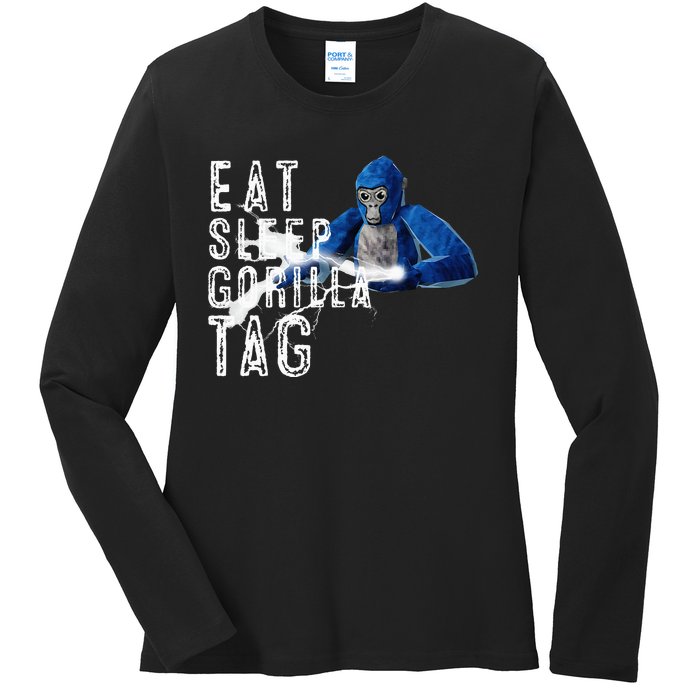 Playful Gorilla VR Gamer Funny Eat Sleep Gaming Ladies Long Sleeve Shirt