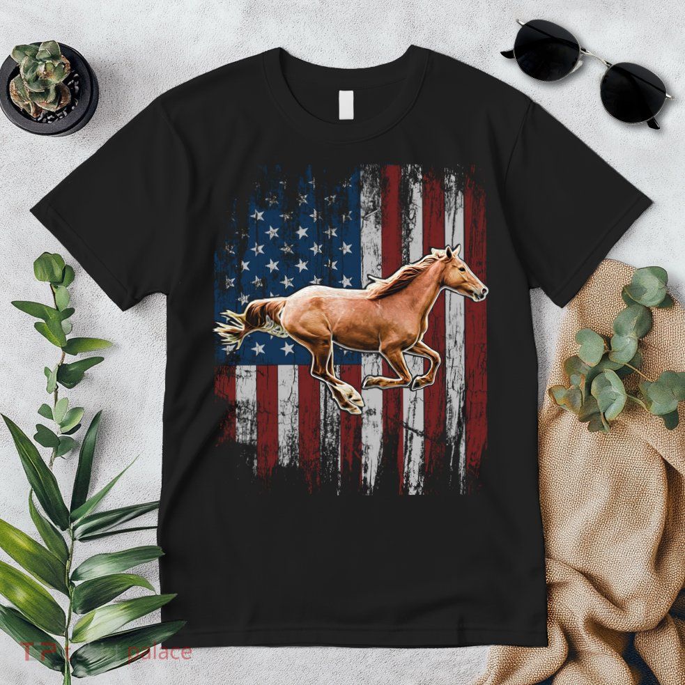 Patriotic Horse American Flag Horseback Riding Farm Gift Premium T-Shirt