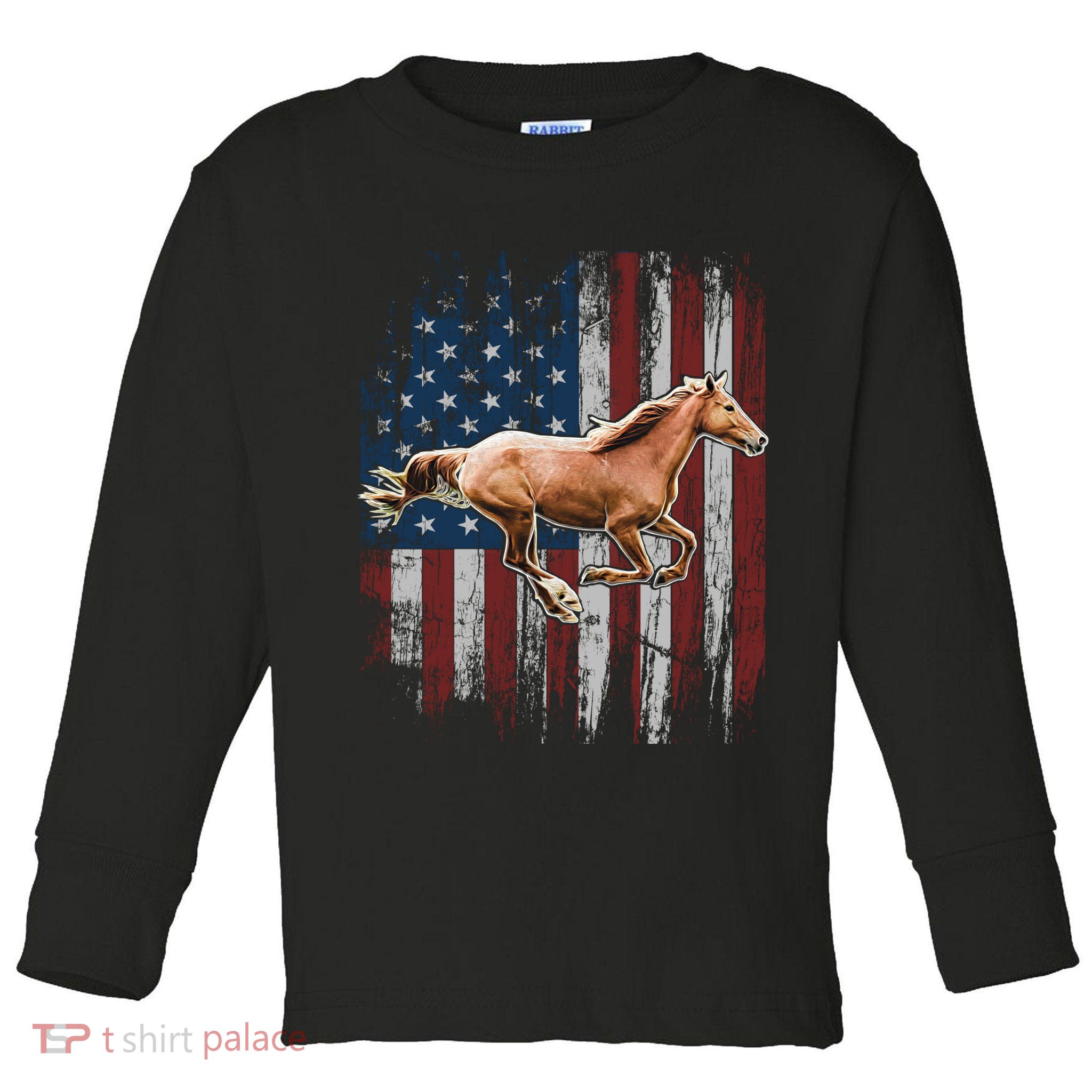 Patriotic Horse American Flag Horseback Riding Farm Gift Toddler Long Sleeve Shirt