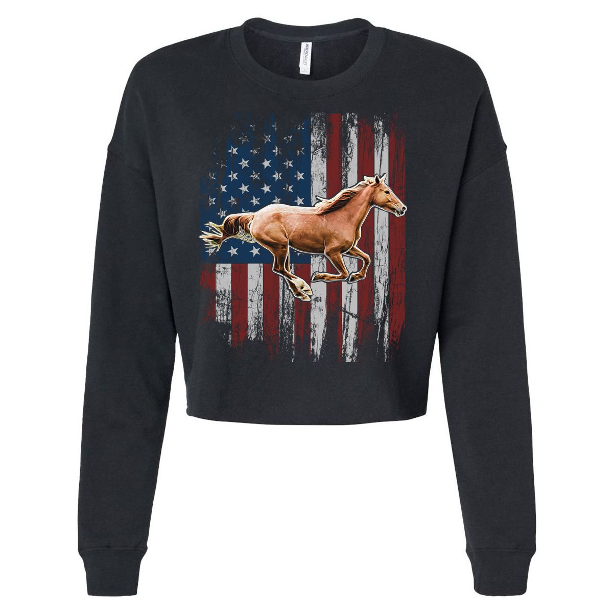 Patriotic Horse American Flag Horseback Riding Farm Gift Cropped Pullover Crew