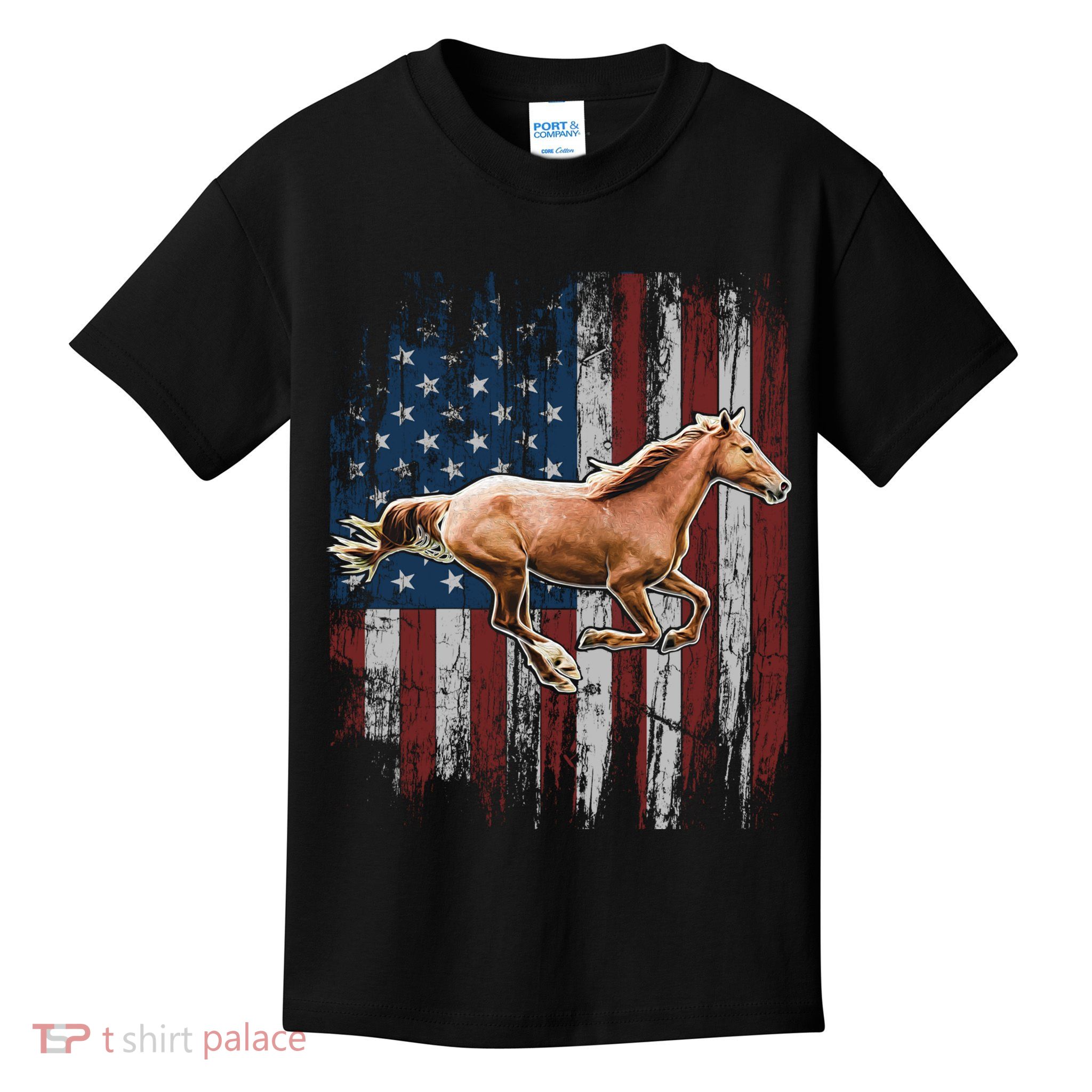 Patriotic Horse American Flag Horseback Riding Farm Gift Kids T-Shirt