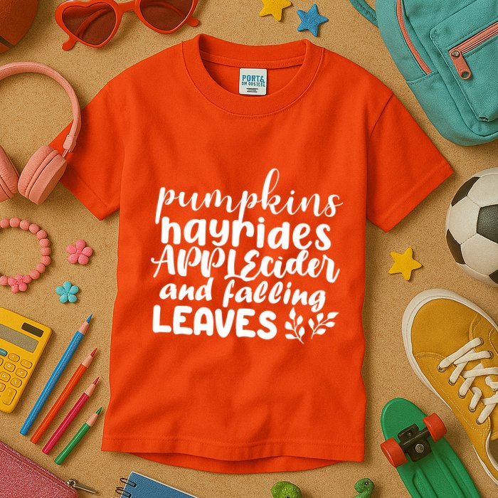 Pumpkins Hayrides Apple Cider And Falling Leaves Kids T-Shirt