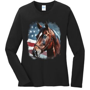 Patriotic Horse American Flag Horseback Riding Western Farm Ladies Long Sleeve Shirt