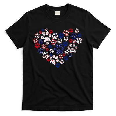 Patriotic Heart American Flag 4th Of July Dog Paw Prints T-Shirt