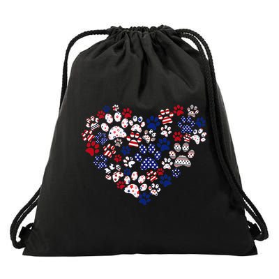 Patriotic Heart American Flag 4th Of July Dog Paw Prints Drawstring Bag