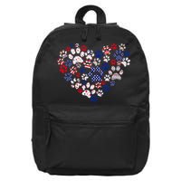 Patriotic Heart American Flag 4th Of July Dog Paw Prints 16 in Basic Backpack