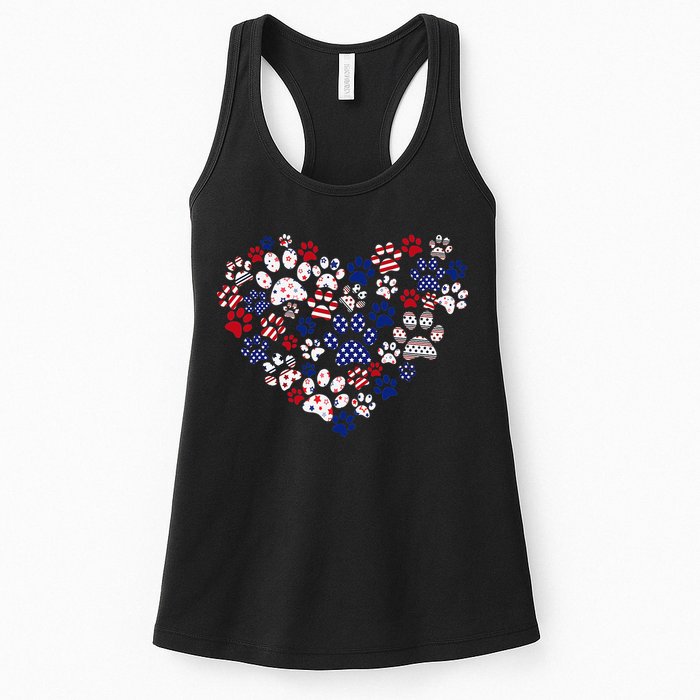 Patriotic Heart American Flag 4th Of July Dog Paw Prints Womens Tank Top