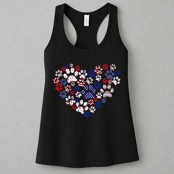 Patriotic Heart American Flag 4th Of July Dog Paw Prints Womens Tank Top