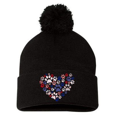 Patriotic Heart American Flag 4th Of July Dog Paw Prints Pom Pom 12in Knit Beanie