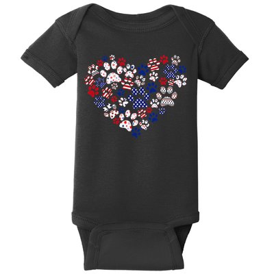 Patriotic Heart American Flag 4th Of July Dog Paw Prints Baby Bodysuit