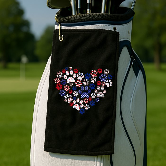 Patriotic Heart American Flag 4th Of July Dog Paw Prints Golf Towel