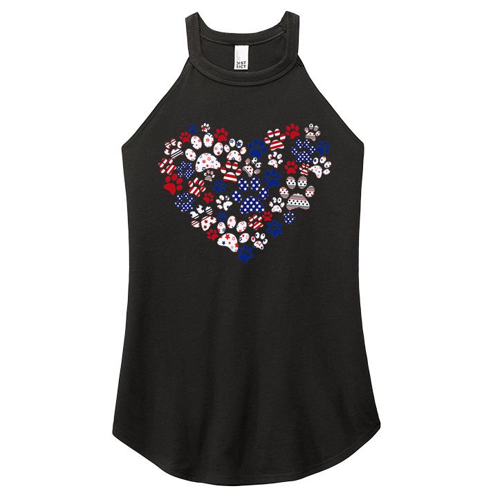 Patriotic Heart American Flag 4th Of July Dog Paw Prints Women's Perfect Tri Rocker Tank