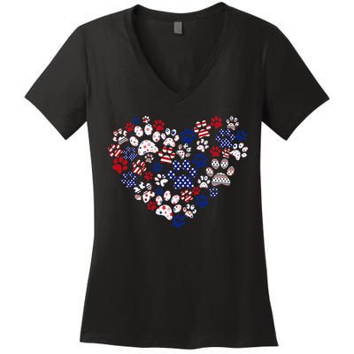 Patriotic Heart American Flag 4th Of July Dog Paw Prints Women's V-Neck T-Shirt