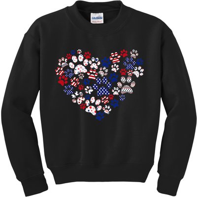 Patriotic Heart American Flag 4th Of July Dog Paw Prints Kids Sweatshirt